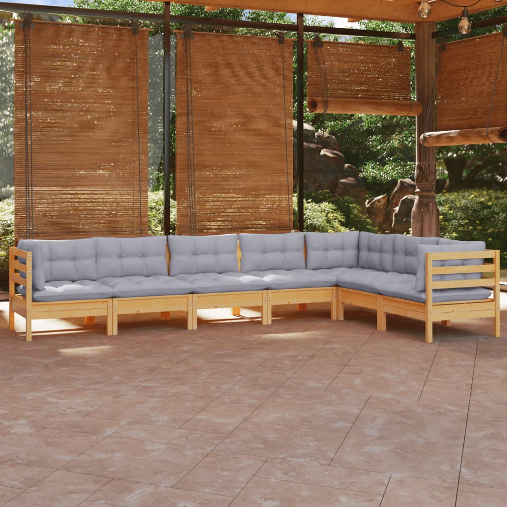 7 Pcs conjunto lounge de jardim + almofadões cinza pinho maciço