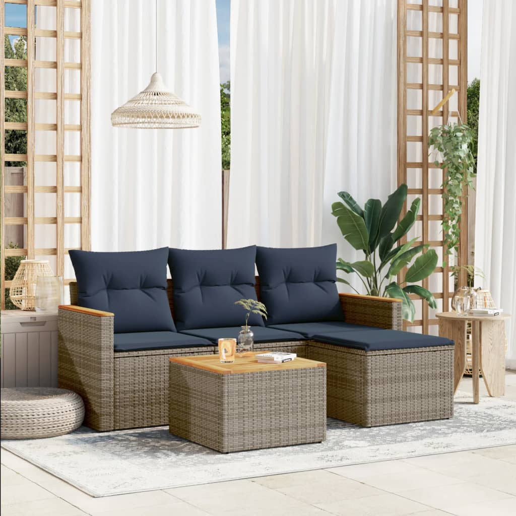 Conjunto de sofá de jardim de 5 peças com almofadas em rattan sintético cinza