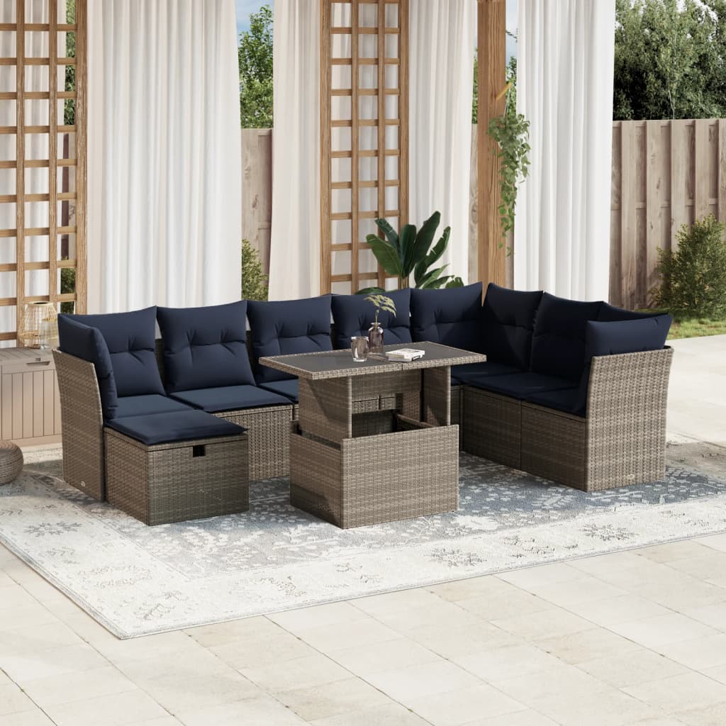 Conjunto de sofá de jardim de 9 peças com almofadas em rattan sintético cinza
