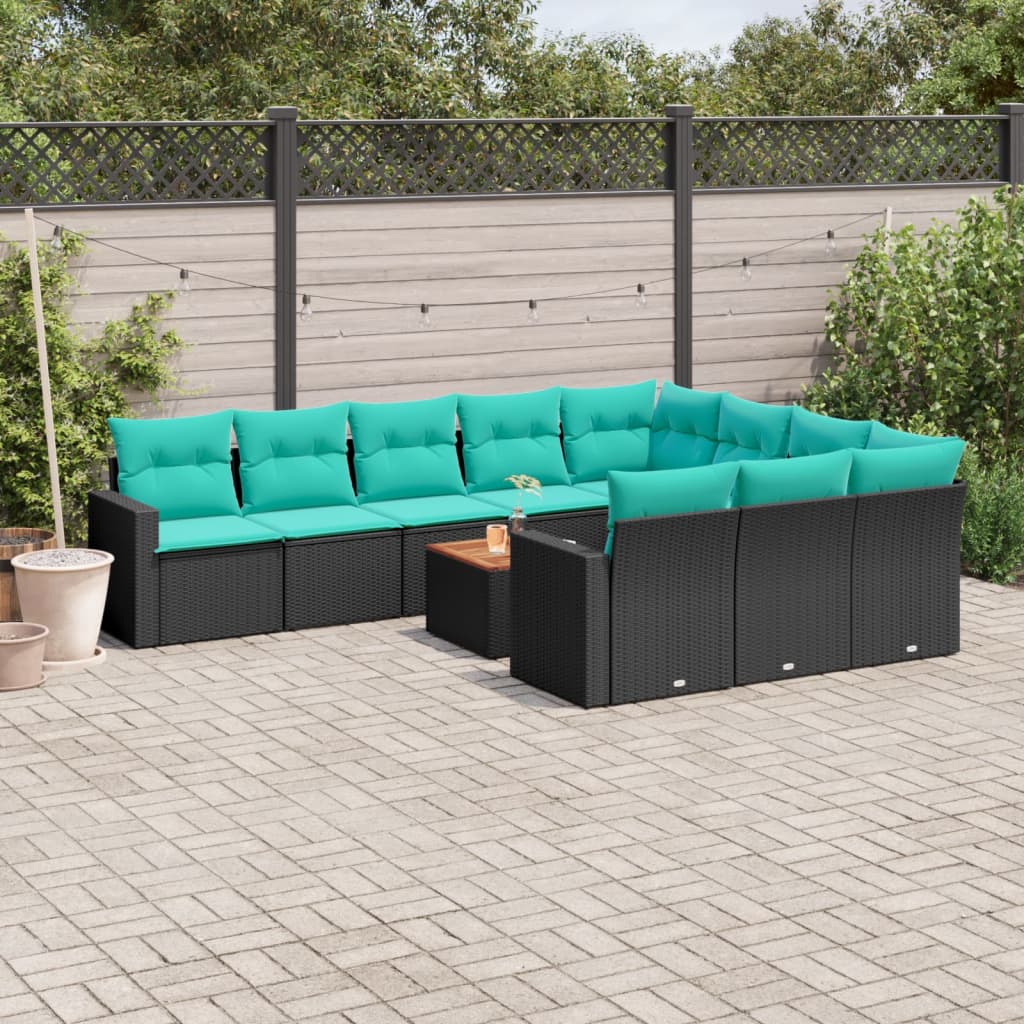 11 Pcs conjunto sofás de jardim c/ almofadões vime PE preto