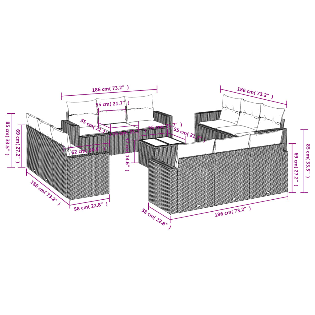 13 Pcs conjunto sofás p/ jardim c/ almofadões vime PE cinzento