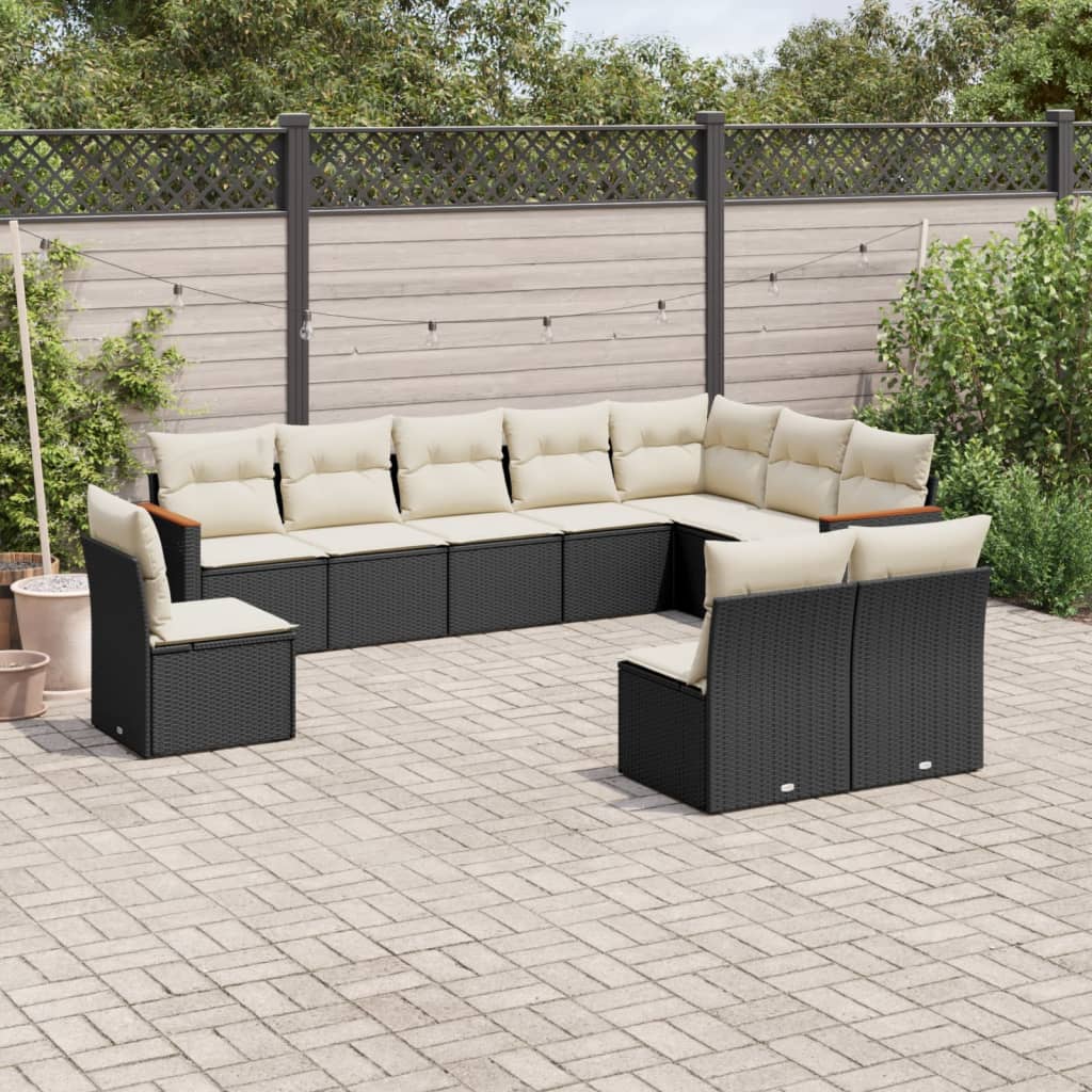 10 Pcs conjunto sofás de jardim c/ almofadões vime PE preto