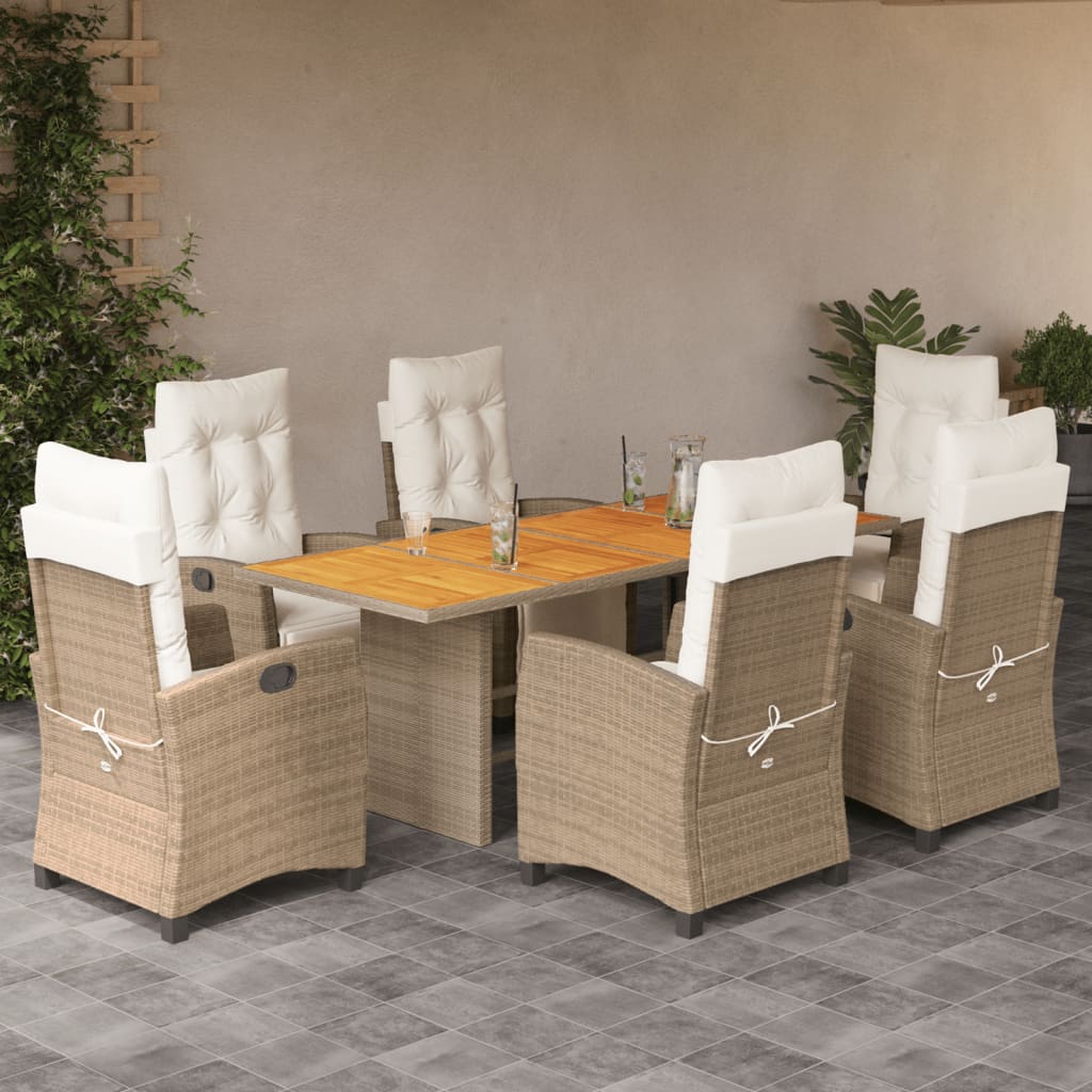 7 Pcs conj. jantar jardim c/ almofadões vime PE bege misturado