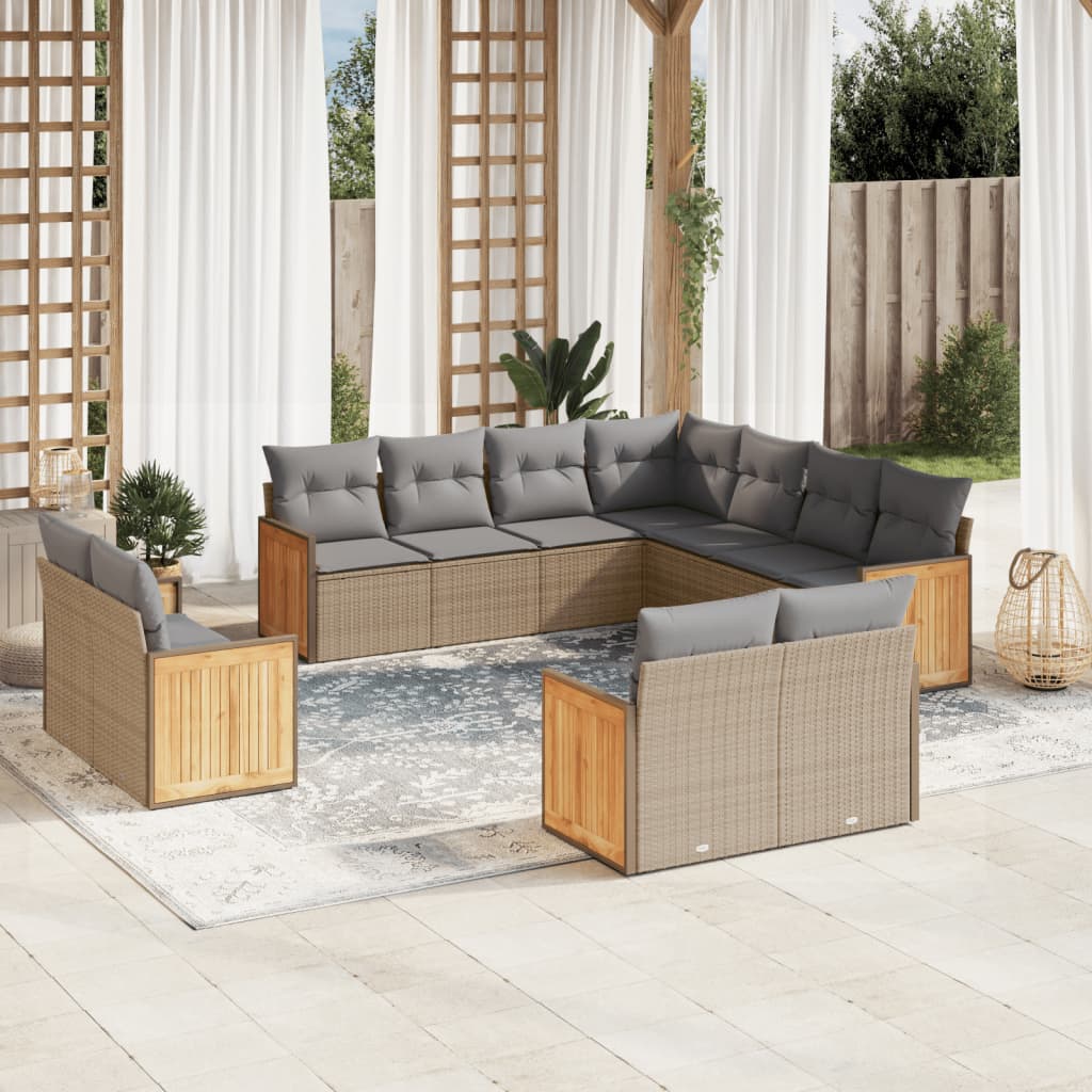 11 Pcs conjunto sofás de jardim c/ almofadões vime PE bege