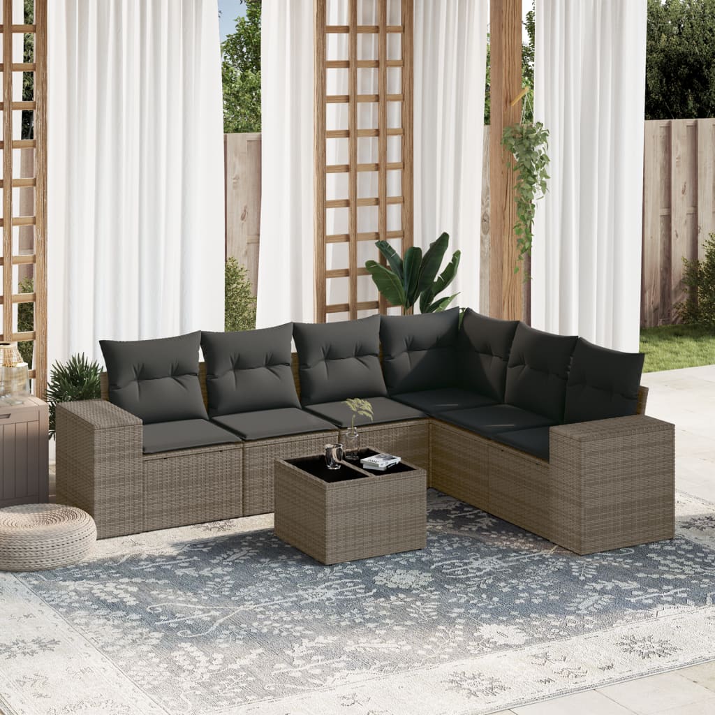 7 Pcs conjunto sofás p/ jardim c/ almofadões vime PE cinzento