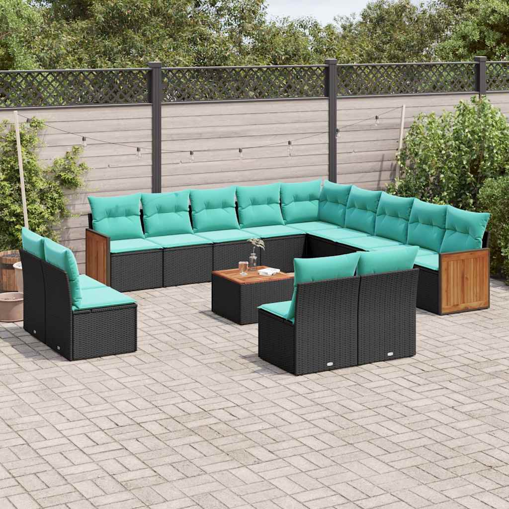 Conjunto de sofá de jardim com 14 peças e almofadas em rattan sintético preto