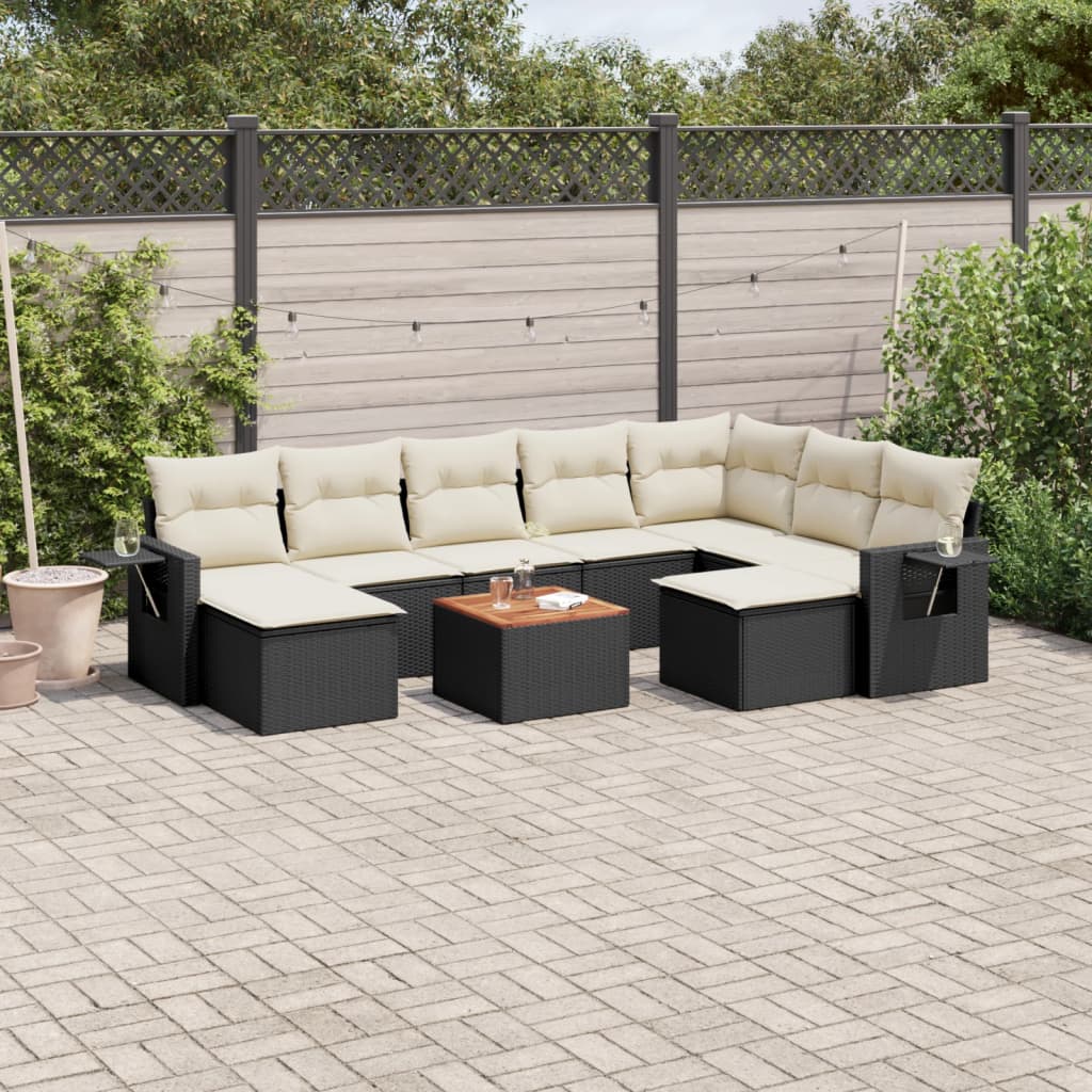 10 Pcs conjunto sofás de jardim c/ almofadões vime PE preto