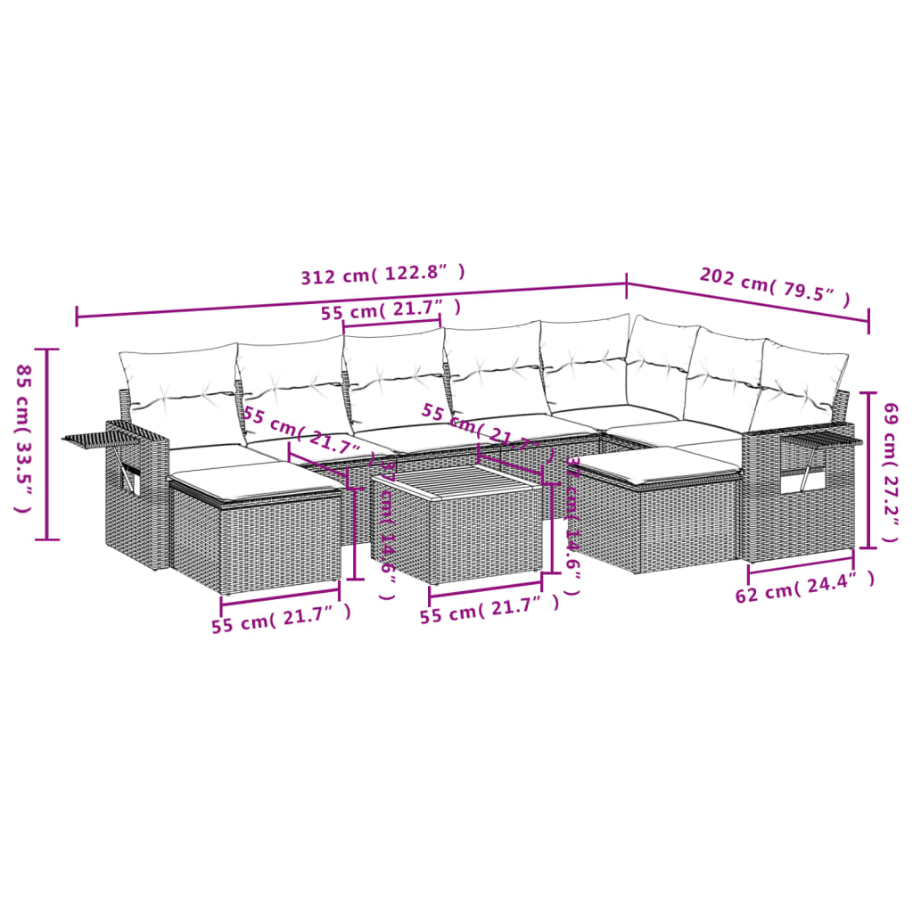 10 Pcs conjunto sofás de jardim c/ almofadões vime PE preto