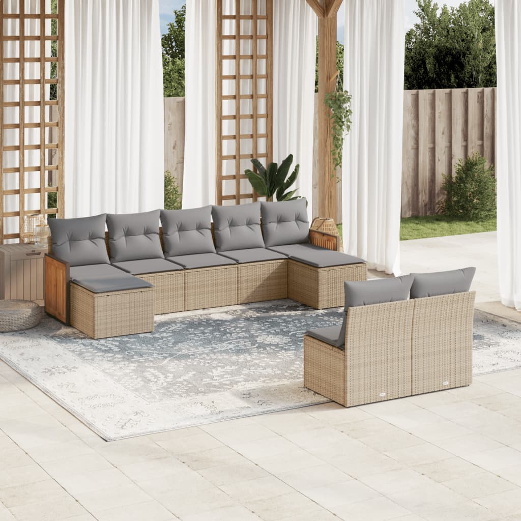 9 Pcs conjunto de sofás p/ jardim com almofadões vime PE bege