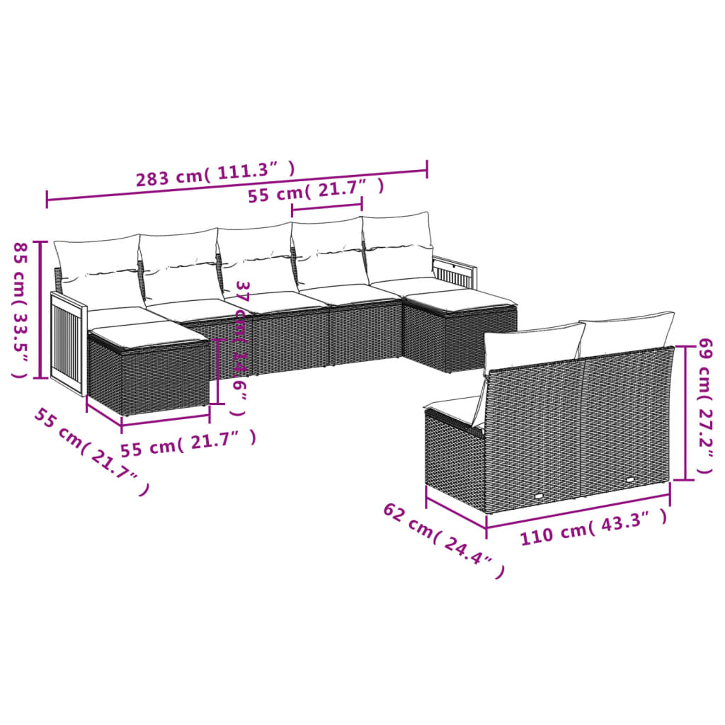 9 Pcs conjunto de sofás p/ jardim com almofadões vime PE bege