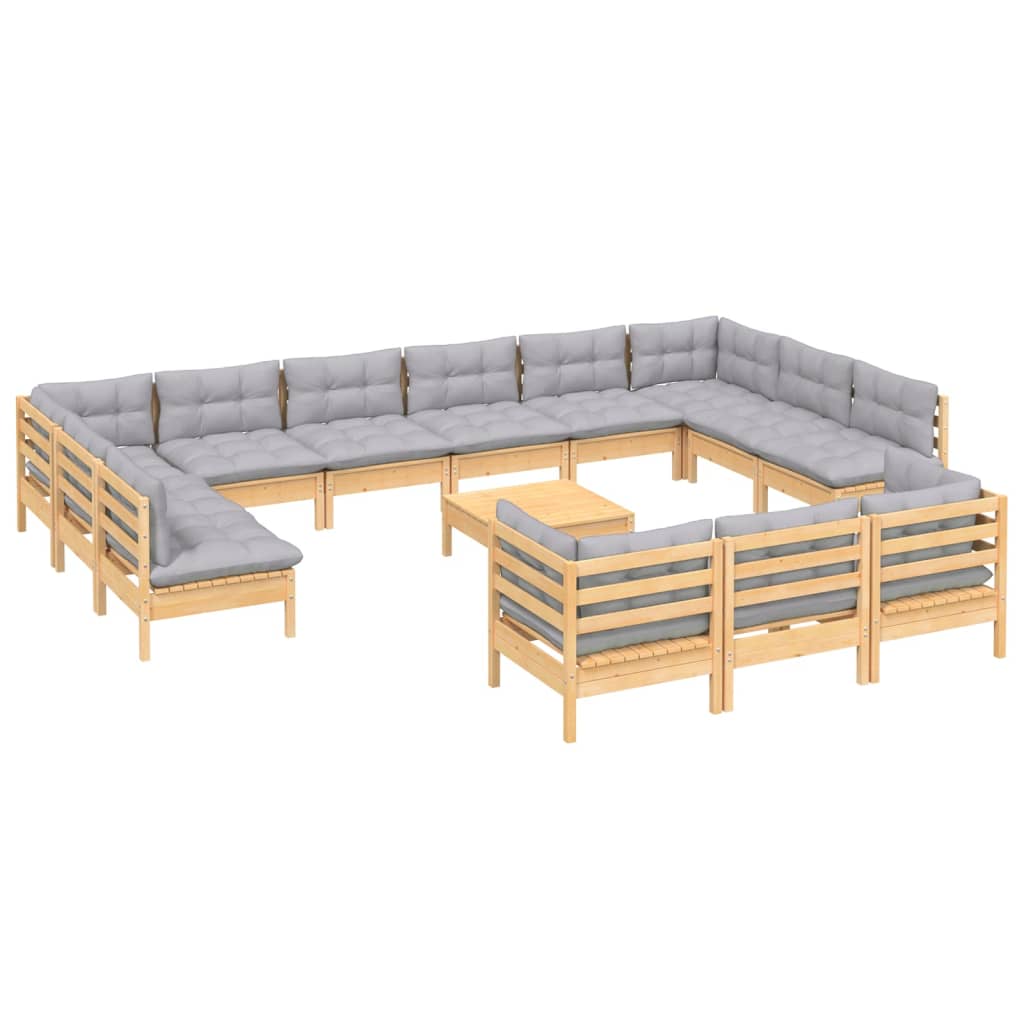 14 Pcs conjunto lounge de jardim c/ almofadões cinza pinho