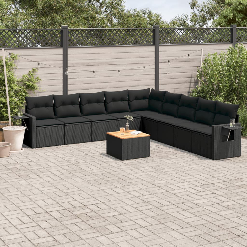 10 Pcs conjunto sofás de jardim c/ almofadões vime PE preto