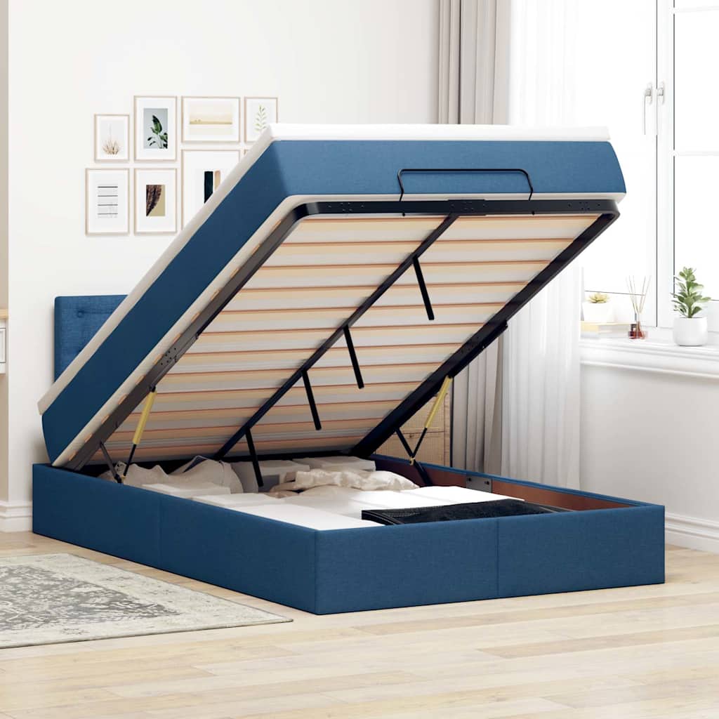 Cama otomana com colchão & leds tecido azul 120x200 cm