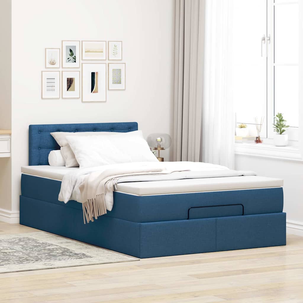Cama otomana com colchão & leds tecido azul 120x200 cm