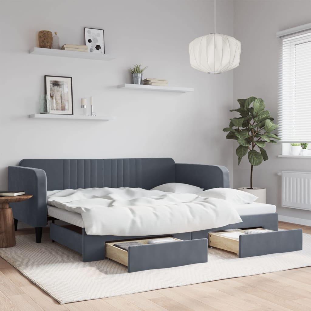Sofá-cama c/ gavetão e gavetas 100x200cm veludo cinzento-escuro