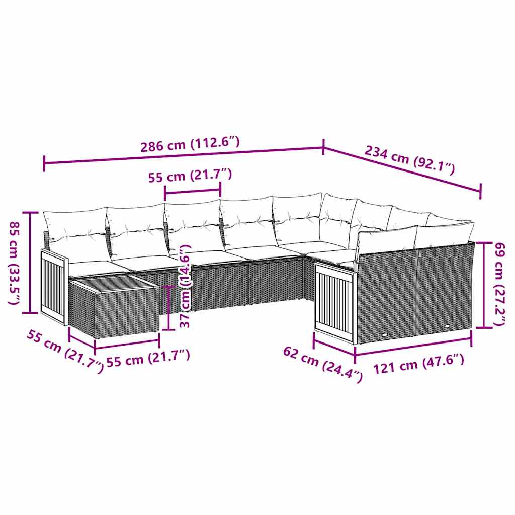 10 Pcs conjunto sofás de jardim c/ almofadões vime PE preto