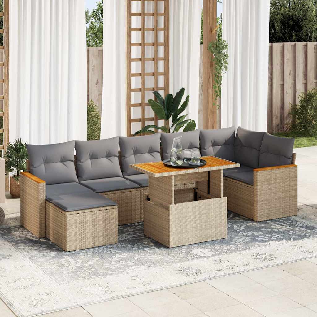 8 Pcs conjunto sofás jardim com almofadões vime PE/acácia bege