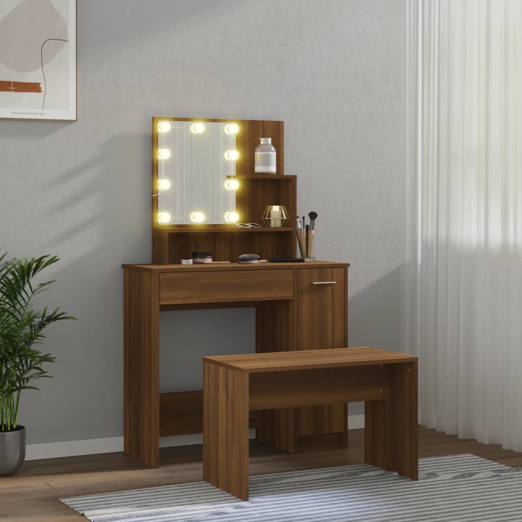 Conjunto toucador com leds madeira processada carvalho castanho