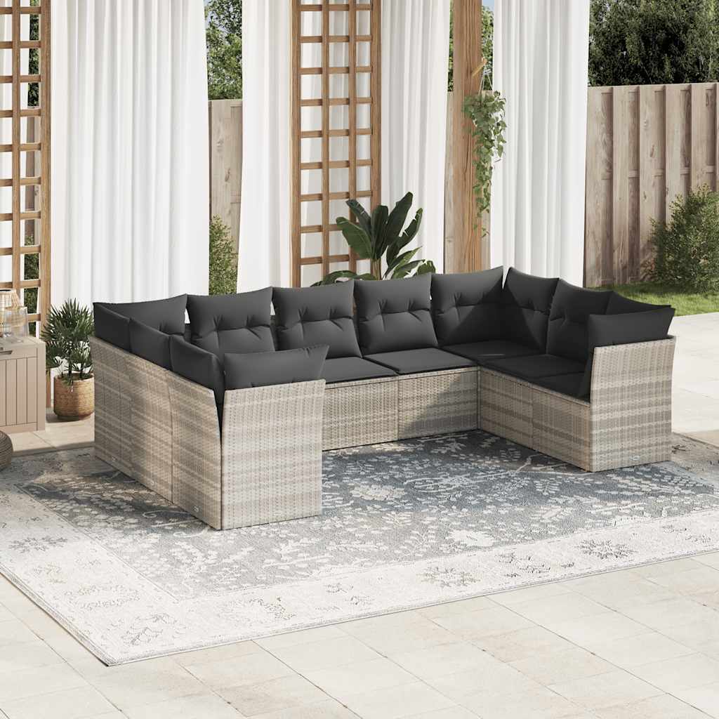 9 Pcs conj. sofás jardim com almofadões vime PE cinzento-claro