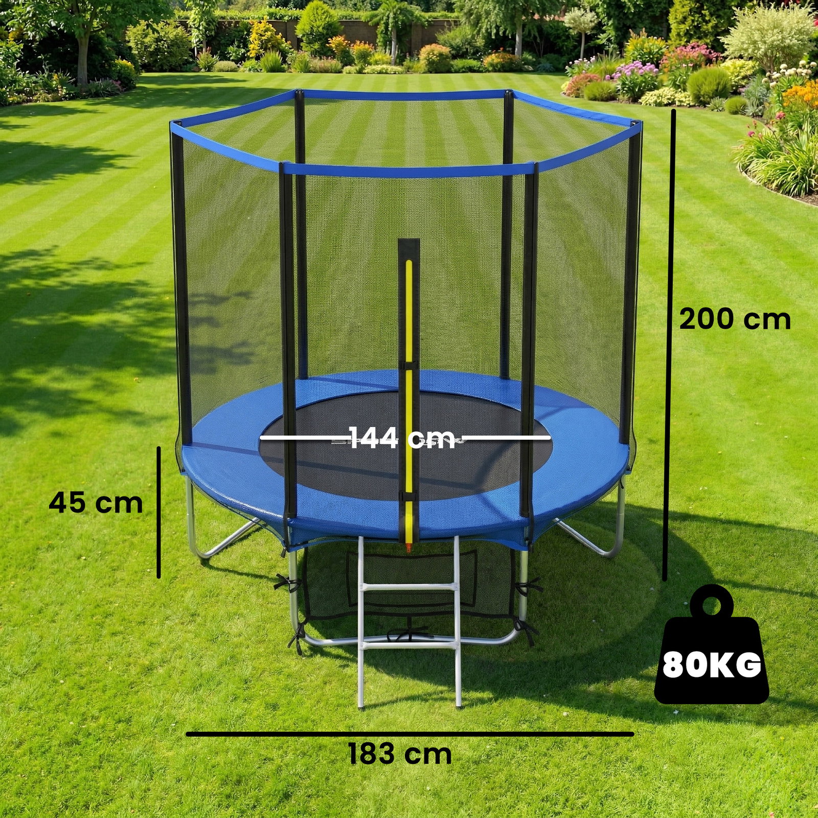 Trampolim para crianças exterior ø183 cm com rede de segurança escada de 2 degraus cobertura de molas saco de armazenamento azul