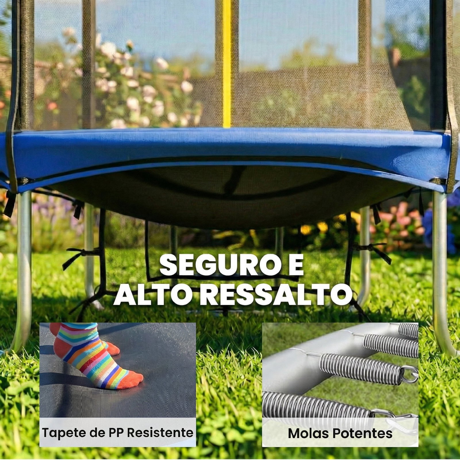 Trampolim para crianças exterior ø183 cm com rede de segurança escada de 2 degraus cobertura de molas saco de armazenamento azul