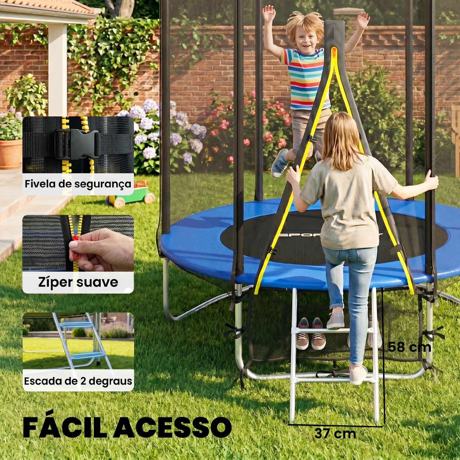 Trampolim para crianças exterior ø183 cm com rede de segurança escada de 2 degraus cobertura de molas saco de armazenamento azul