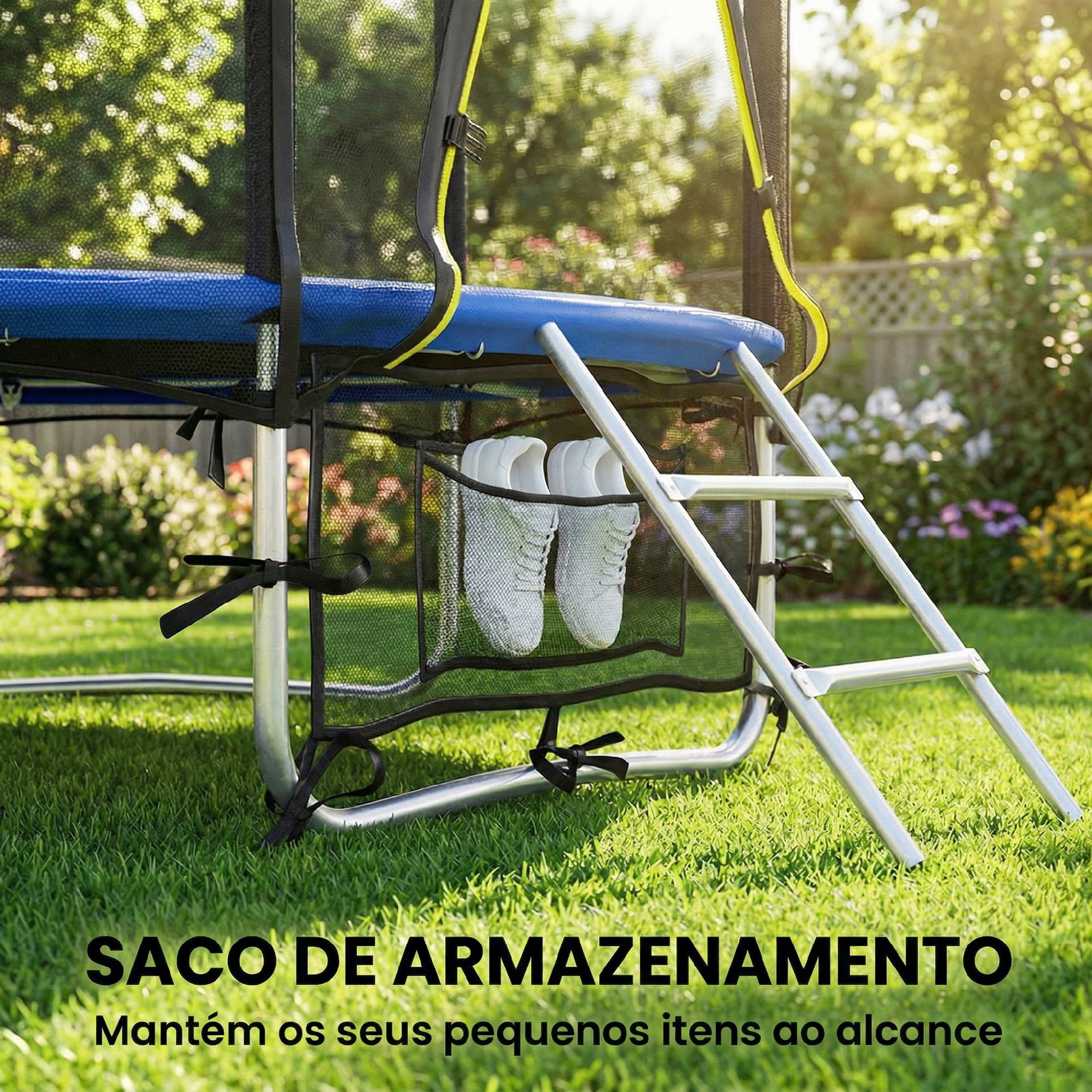 Trampolim para crianças exterior ø183 cm com rede de segurança escada de 2 degraus cobertura de molas saco de armazenamento azul