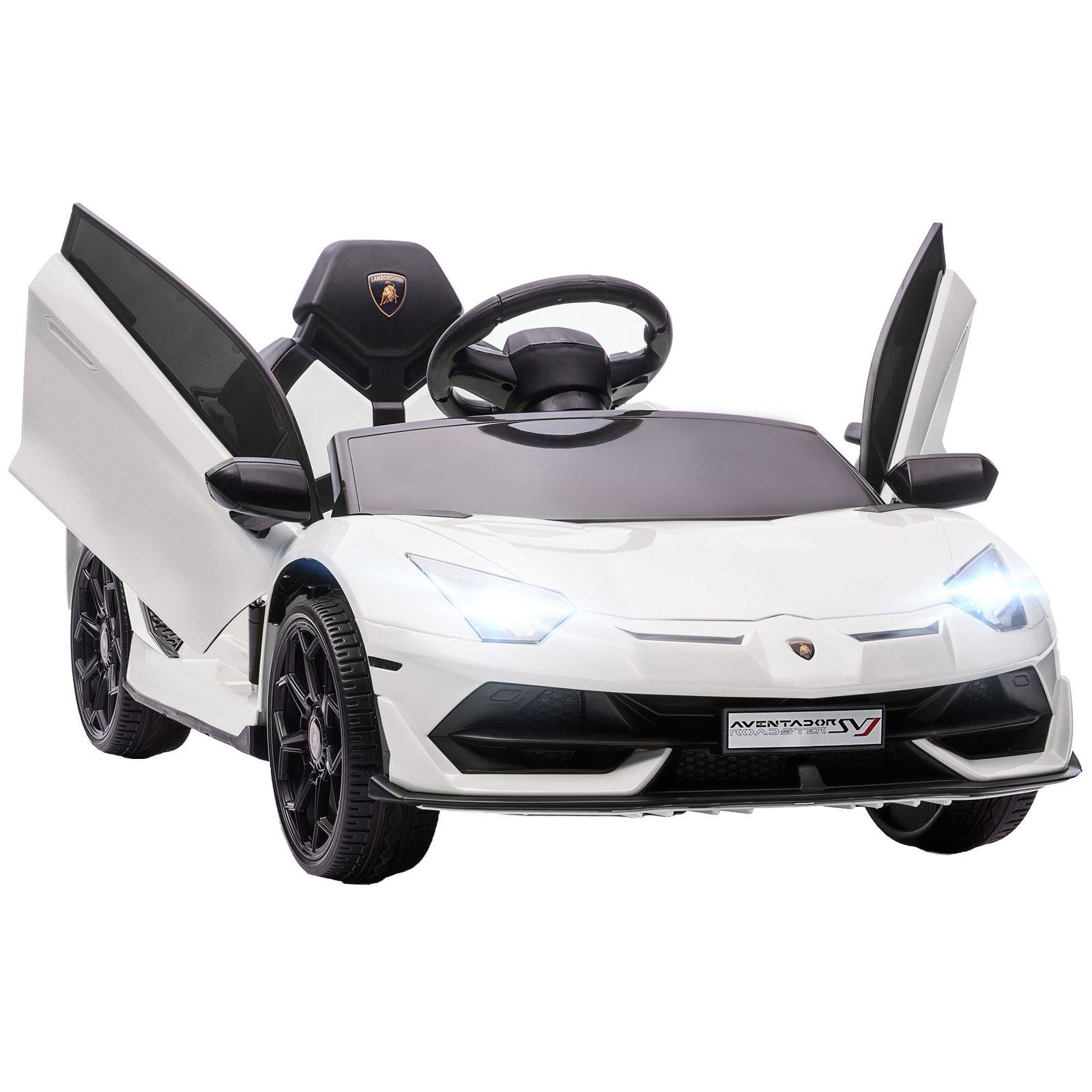 Carro elétrico lamborghini para crianças 12v velocidade máxima 5km/h controlo remoto mp3 luzes e cinto de segurança 107,5x63x42 cm branco