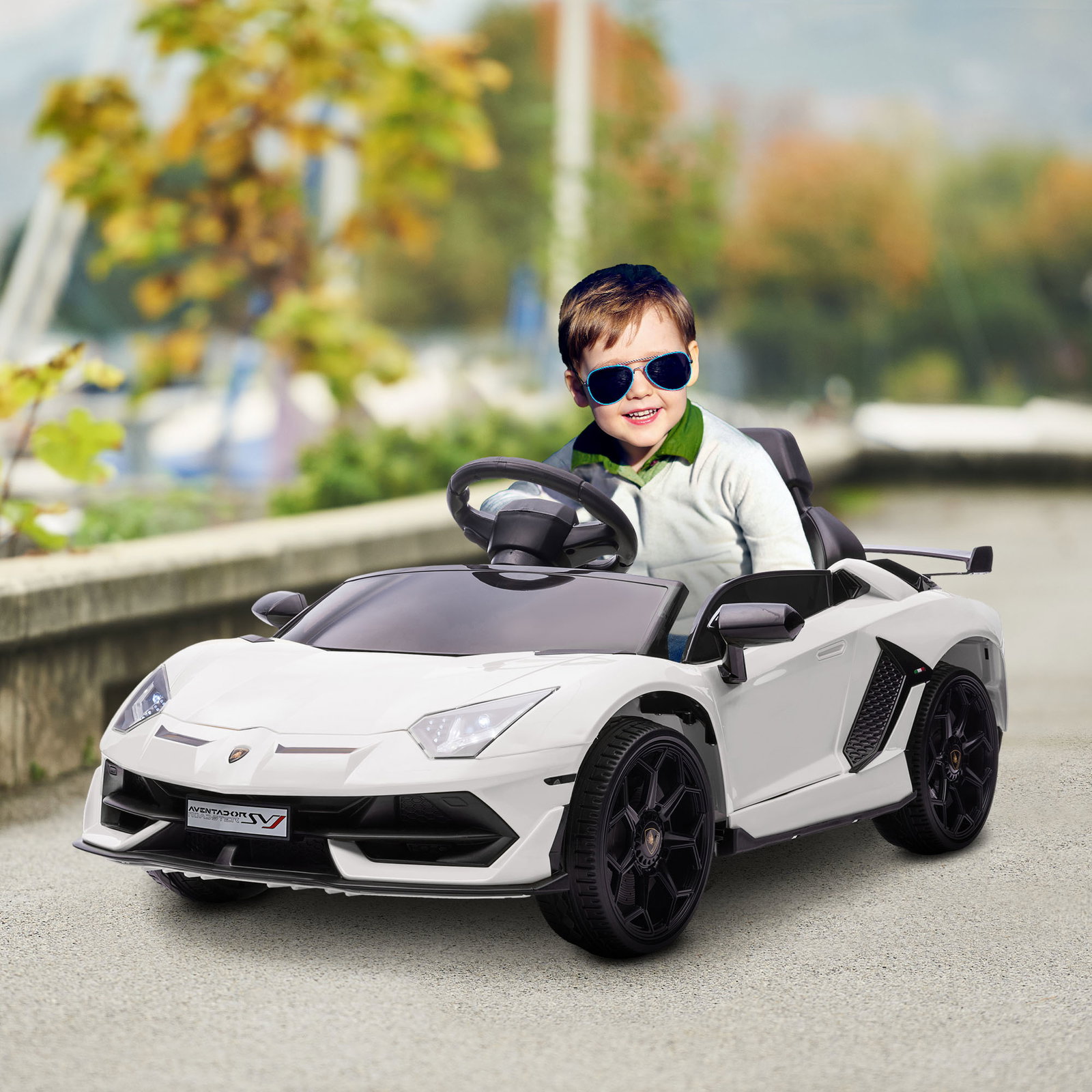 Carro elétrico lamborghini para crianças 12v velocidade máxima 5km/h controlo remoto mp3 luzes e cinto de segurança 107,5x63x42 cm branco
