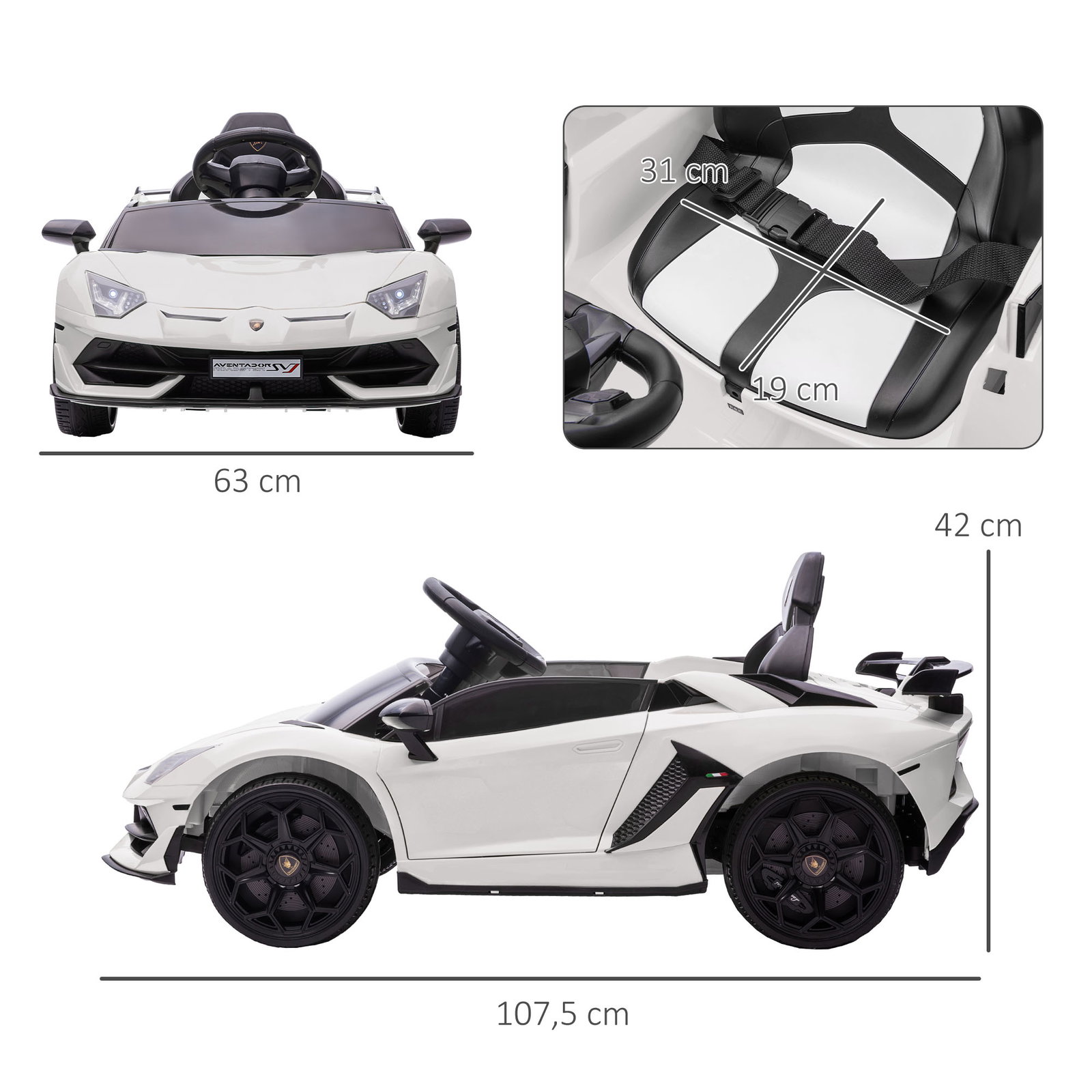 Carro elétrico lamborghini para crianças 12v velocidade máxima 5km/h controlo remoto mp3 luzes e cinto de segurança 107,5x63x42 cm branco