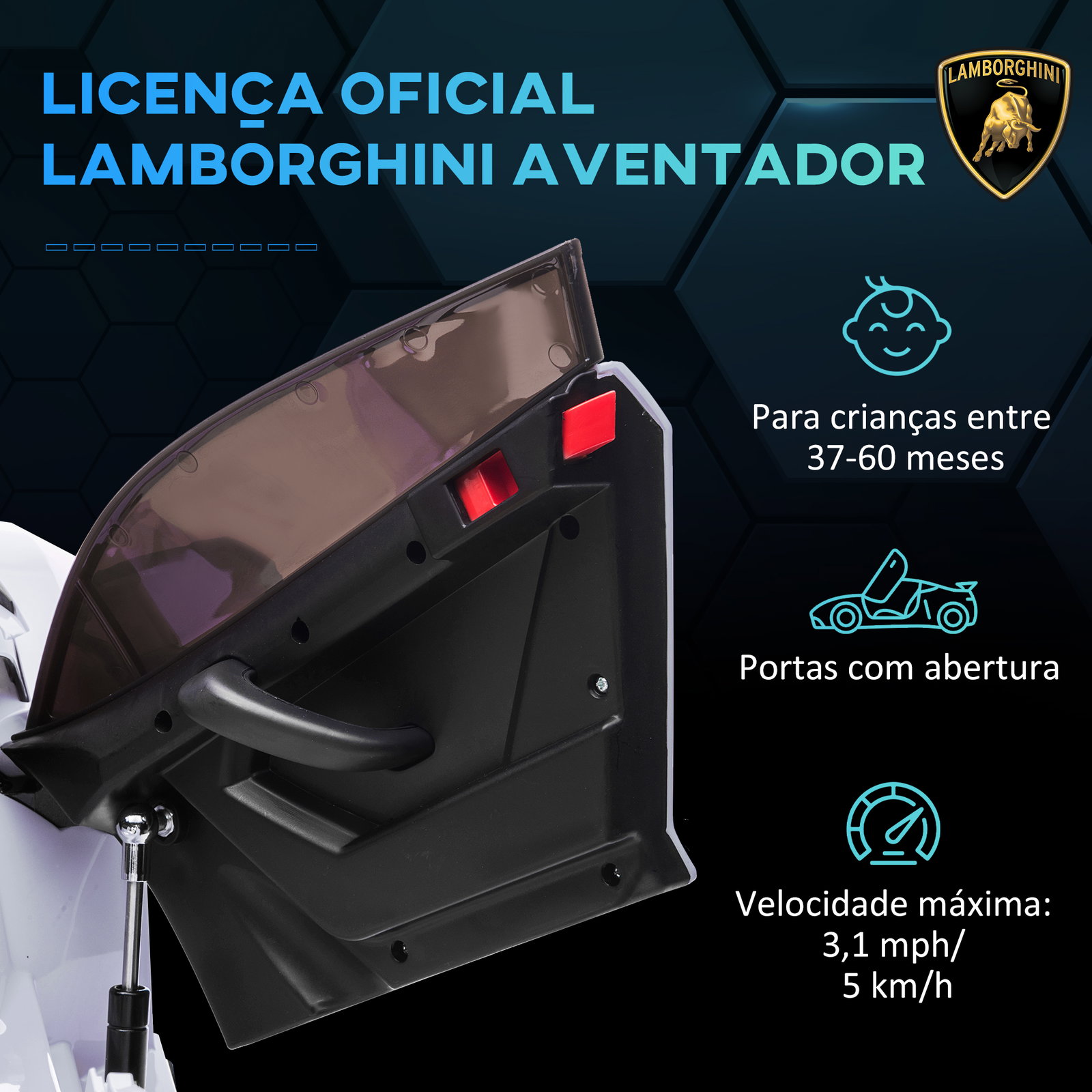 Carro elétrico lamborghini para crianças 12v velocidade máxima 5km/h controlo remoto mp3 luzes e cinto de segurança 107,5x63x42 cm branco