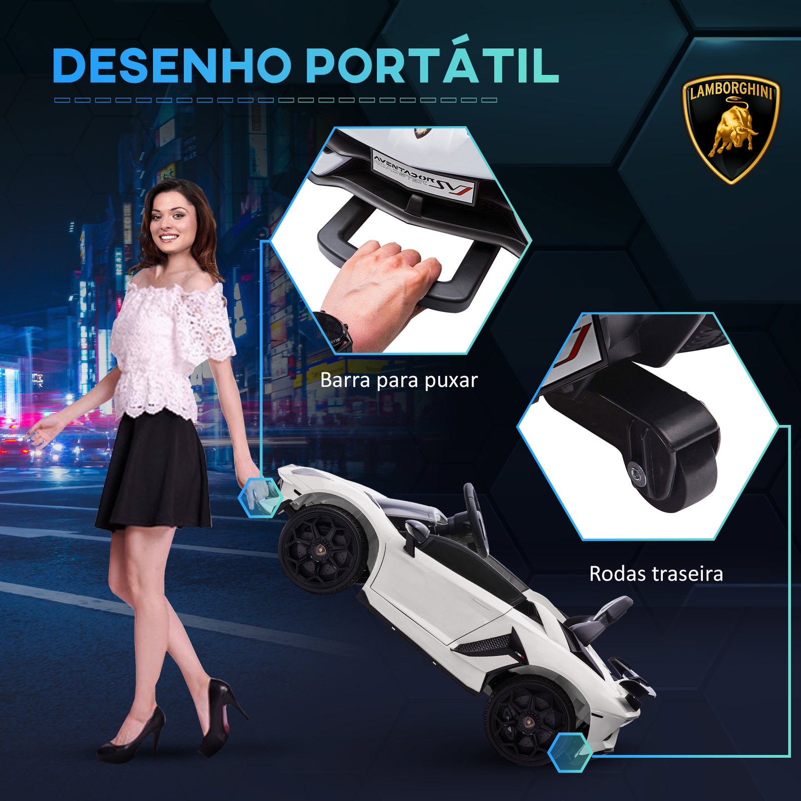Carro elétrico lamborghini para crianças 12v velocidade máxima 5km/h controlo remoto mp3 luzes e cinto de segurança 107,5x63x42 cm branco