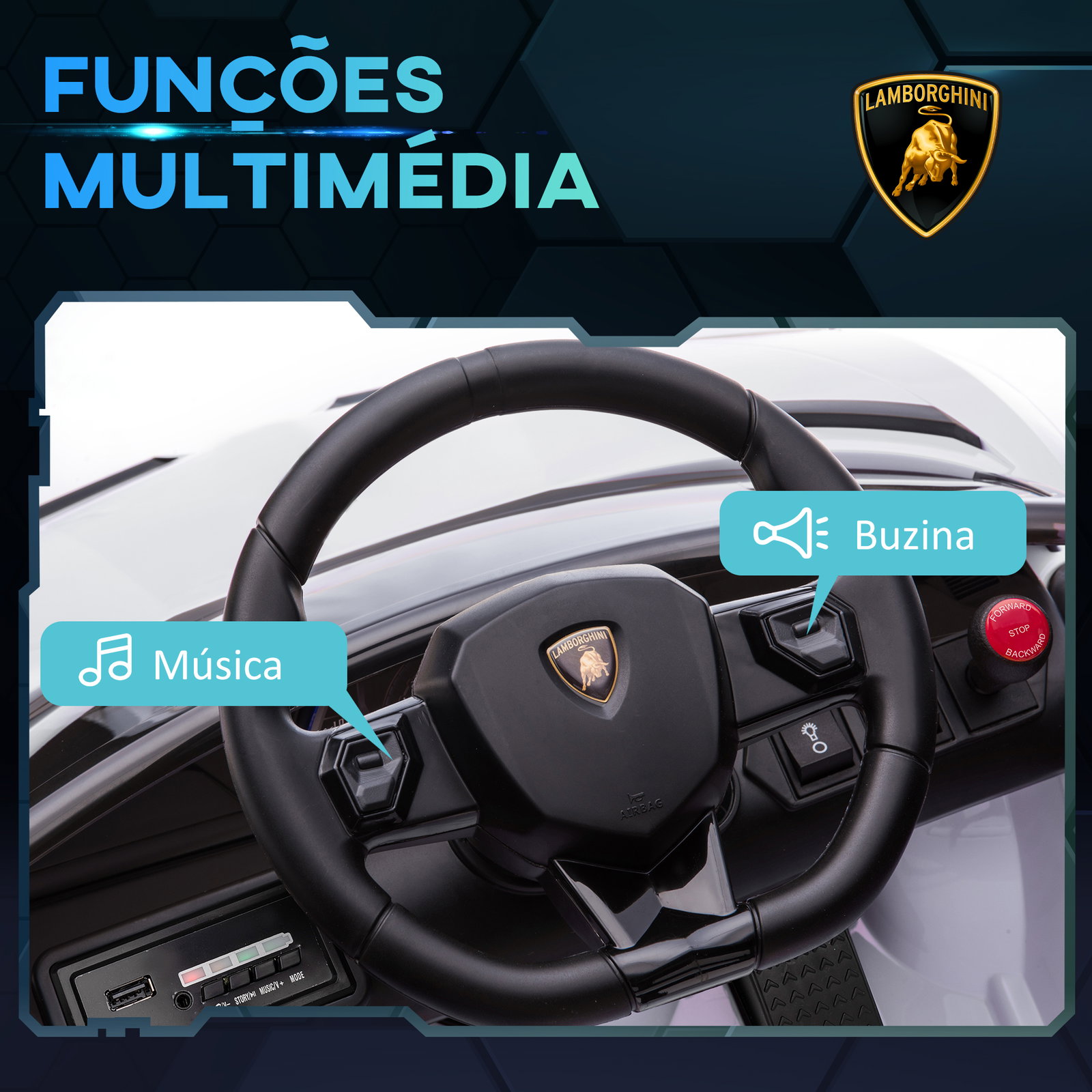 Carro elétrico lamborghini para crianças 12v velocidade máxima 5km/h controlo remoto mp3 luzes e cinto de segurança 107,5x63x42 cm branco