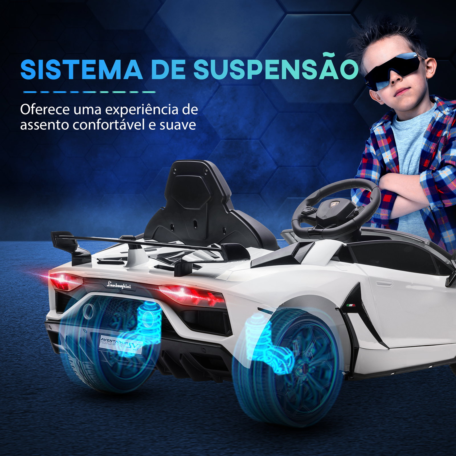 Carro elétrico lamborghini para crianças 12v velocidade máxima 5km/h controlo remoto mp3 luzes e cinto de segurança 107,5x63x42 cm branco