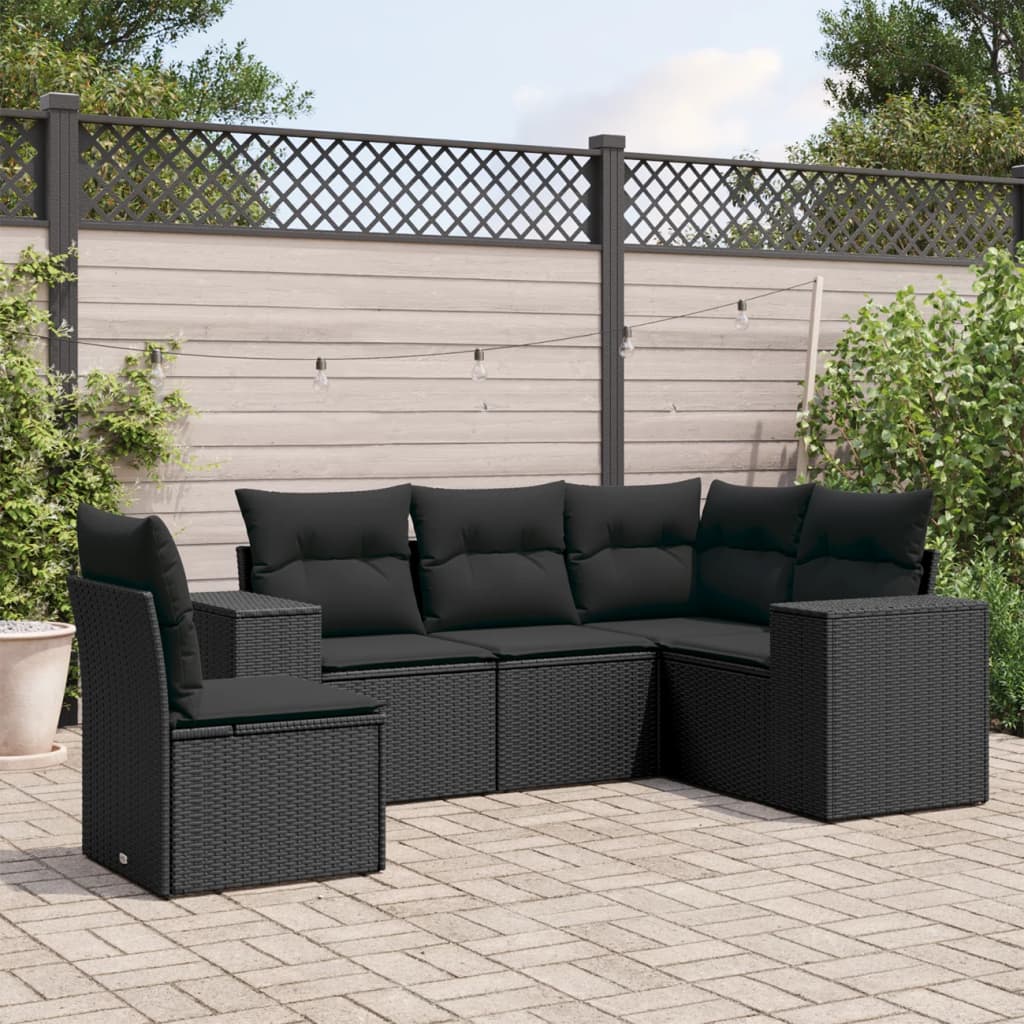 5 Pcs conjunto sofás de jardim com almofadões vime PE preto