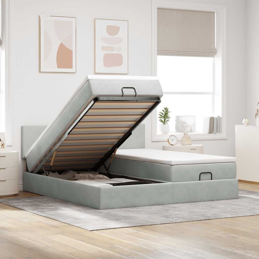 Estrutura cama otomana colchões 160x200cm veludo cinzento claro