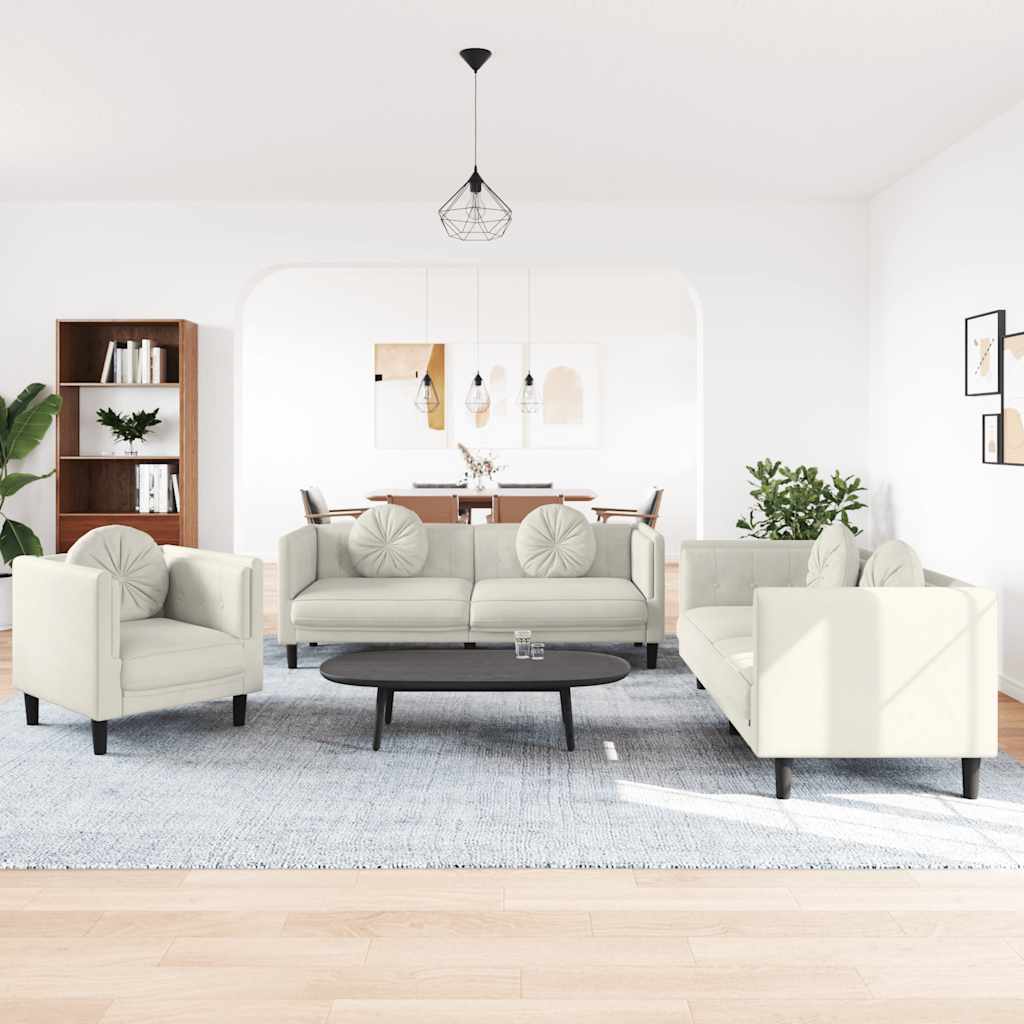 3 Pcs conjunto de sofás com almofadas veludo cor creme