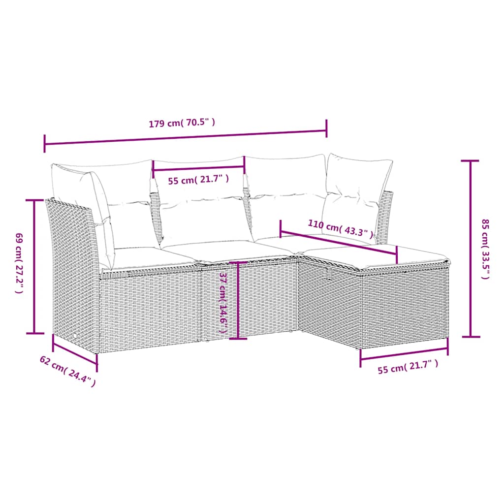 4 Pcs conjunto de sofás para jardim c/ almofadões vime PE preto