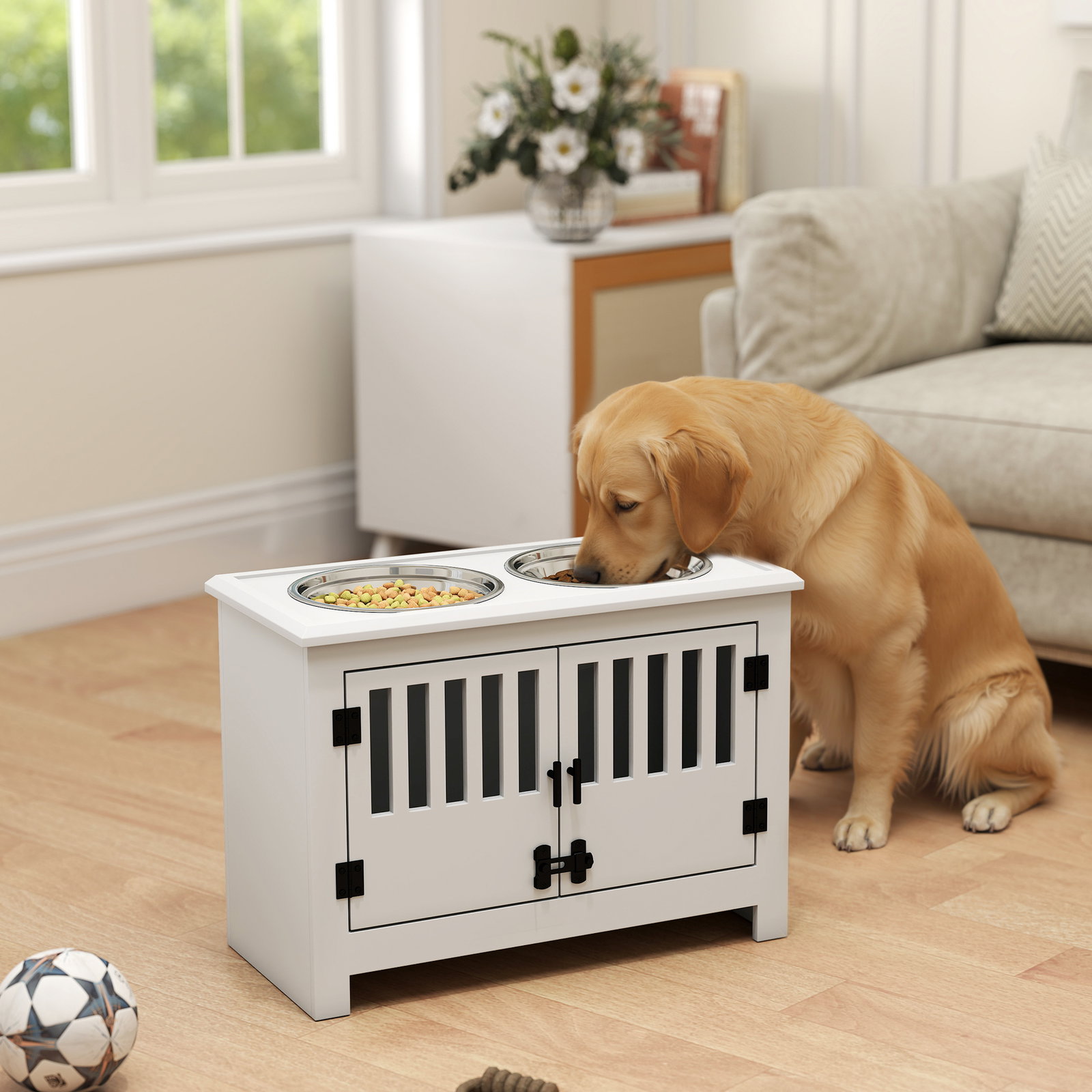 Comedouro elevado para cães com 2 tigelas em aço inoxidável 2x2 l, arrumação 37 l e 2 portas com trincos, branco