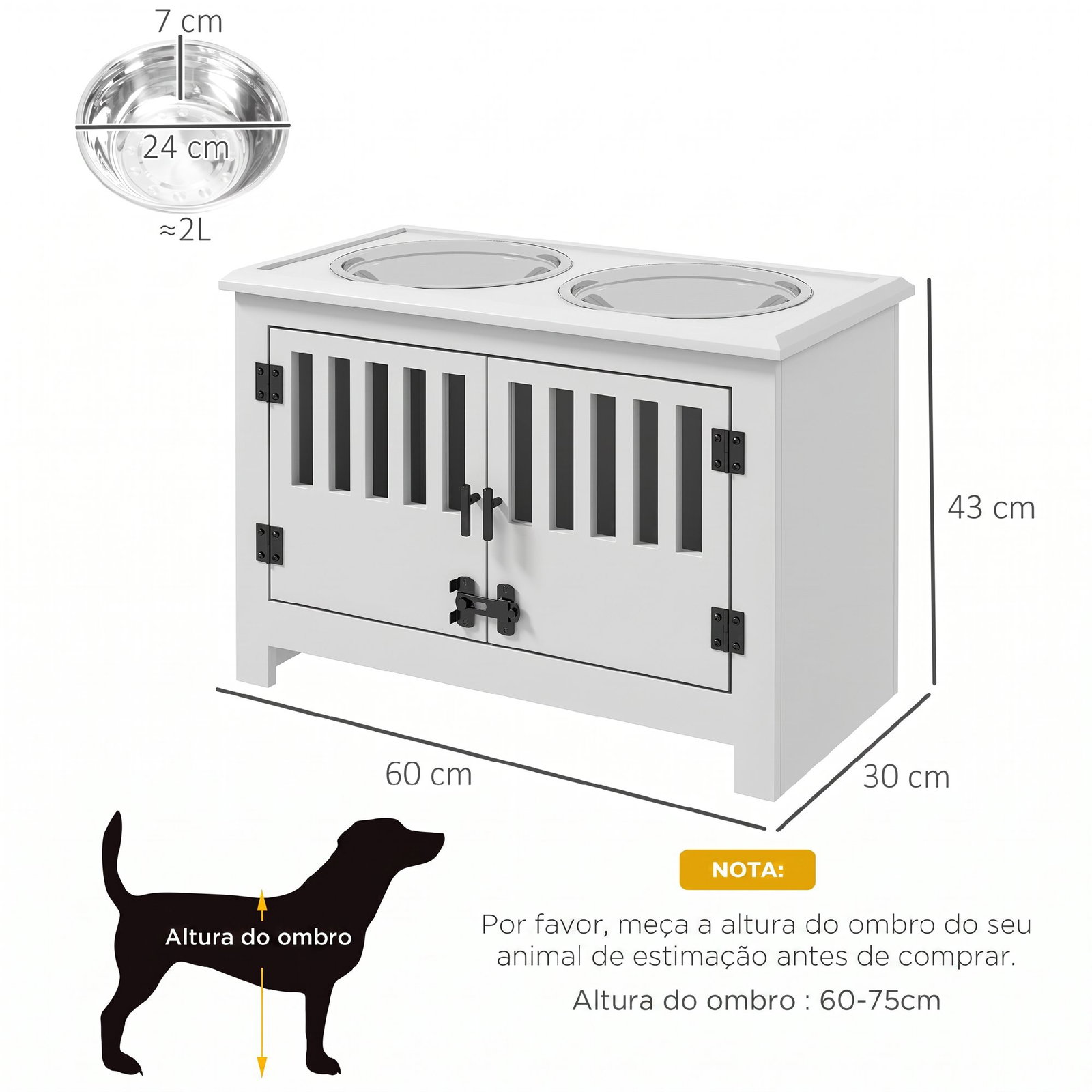 Comedouro elevado para cães com 2 tigelas em aço inoxidável 2x2 l, arrumação 37 l e 2 portas com trincos, branco