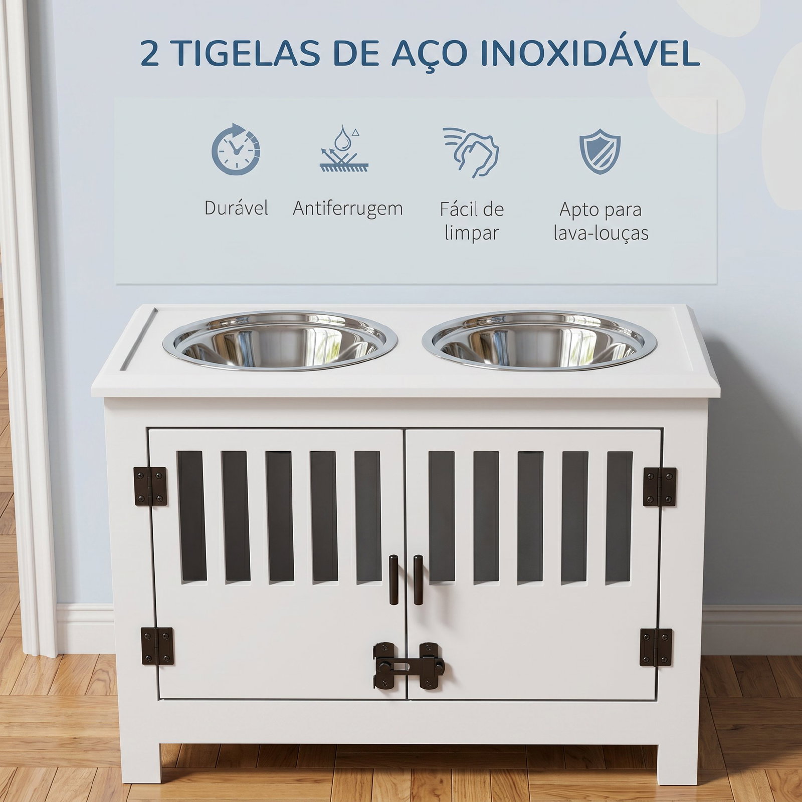 Comedouro elevado para cães com 2 tigelas em aço inoxidável 2x2 l, arrumação 37 l e 2 portas com trincos, branco