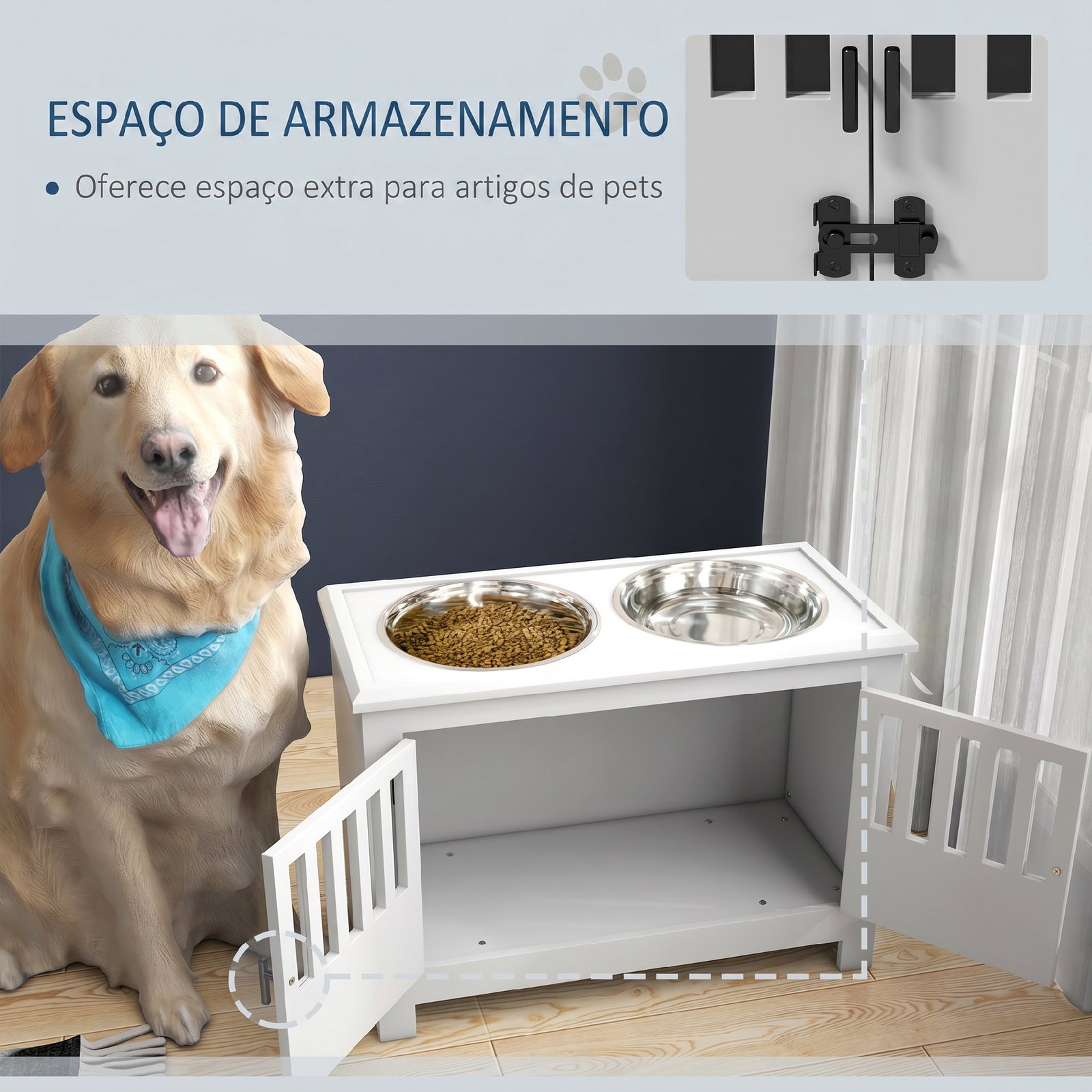 Comedouro elevado para cães com 2 tigelas em aço inoxidável 2x2 l, arrumação 37 l e 2 portas com trincos, branco