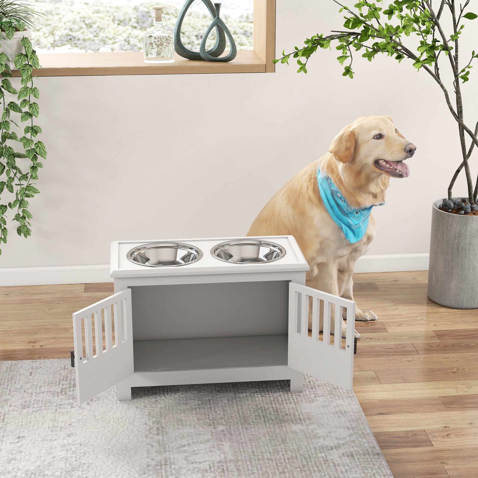 Comedouro elevado para cães com 2 tigelas em aço inoxidável 2x2 l, arrumação 37 l e 2 portas com trincos, branco