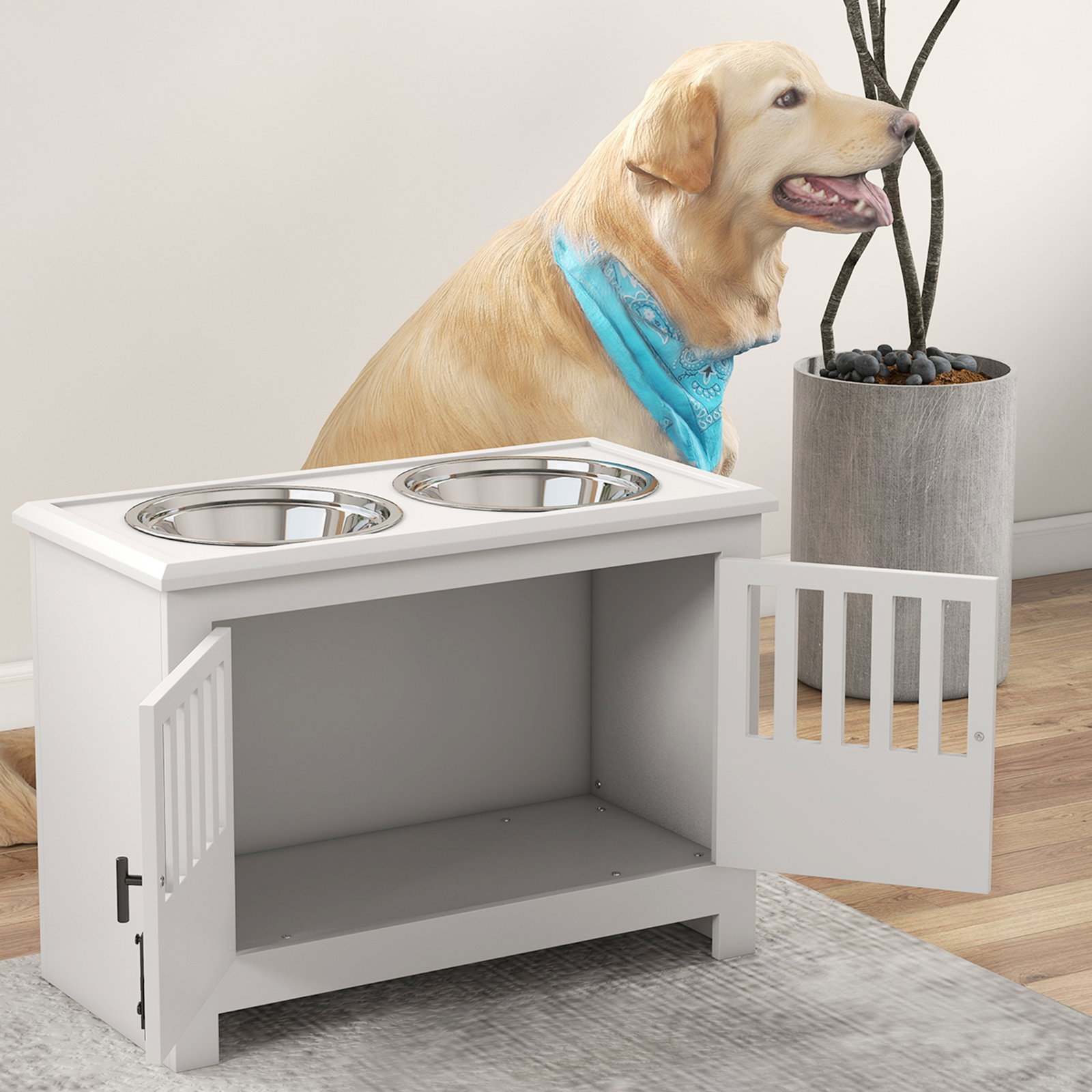 Comedouro elevado para cães com 2 tigelas em aço inoxidável 2x2 l, arrumação 37 l e 2 portas com trincos, branco