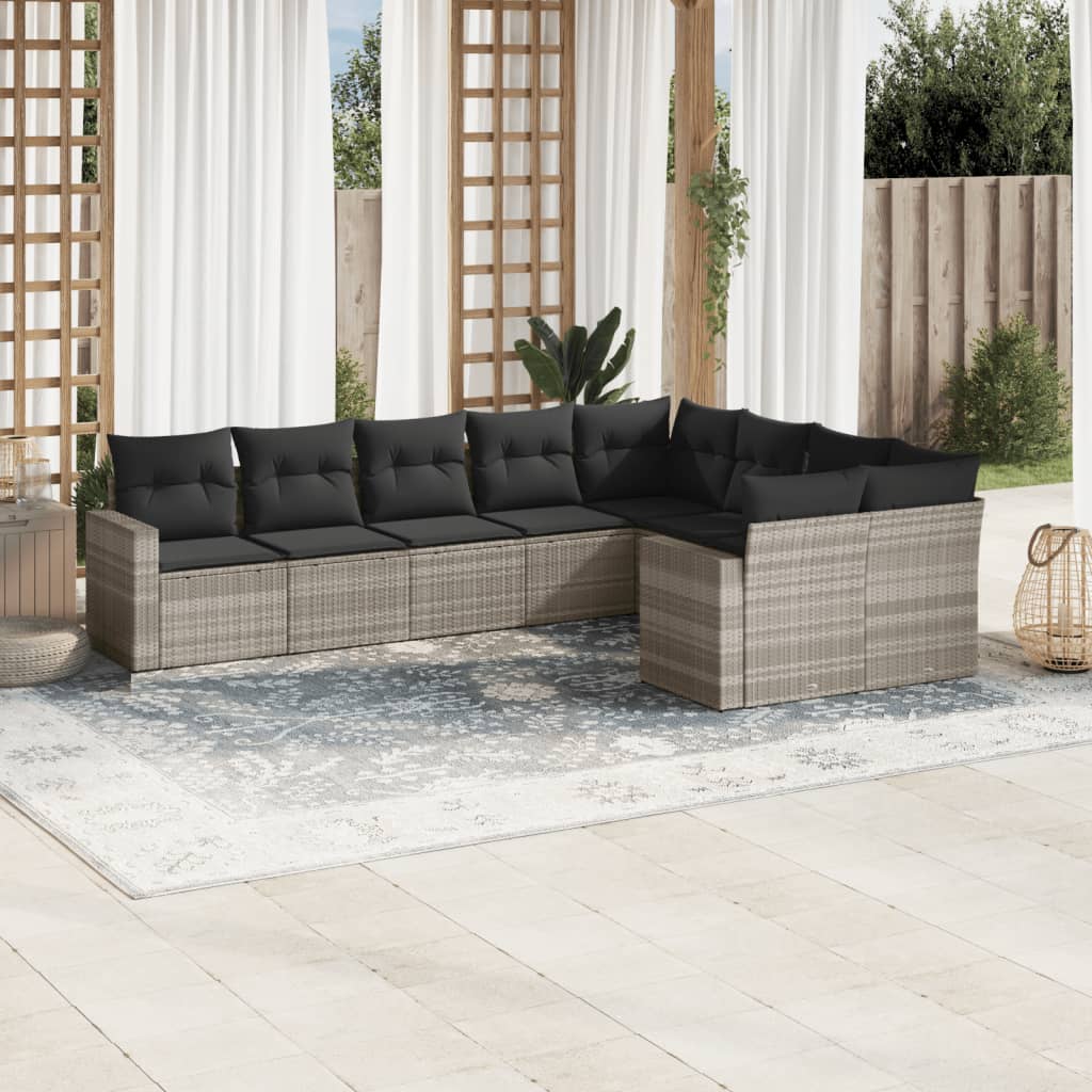 9 Pcs conj. sofás jardim com almofadões vime PE cinzento-claro