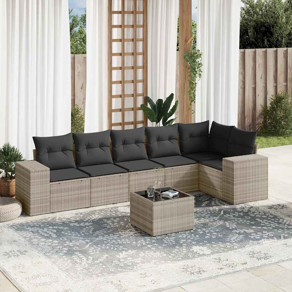 7 Pcs conj. sofás jardim com almofadões vime PE cinzento-claro