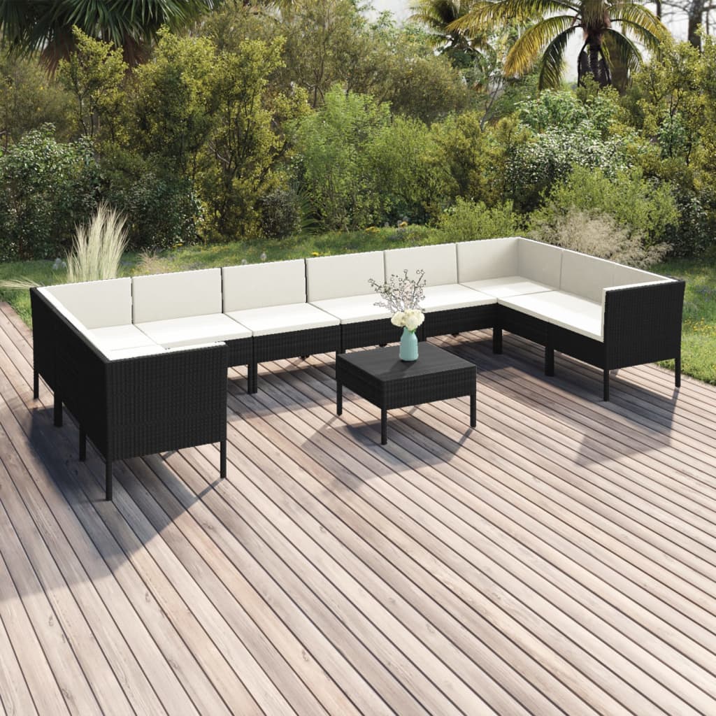 11 Pcs conjunto lounge de jardim c/ almofadões vime PE preto