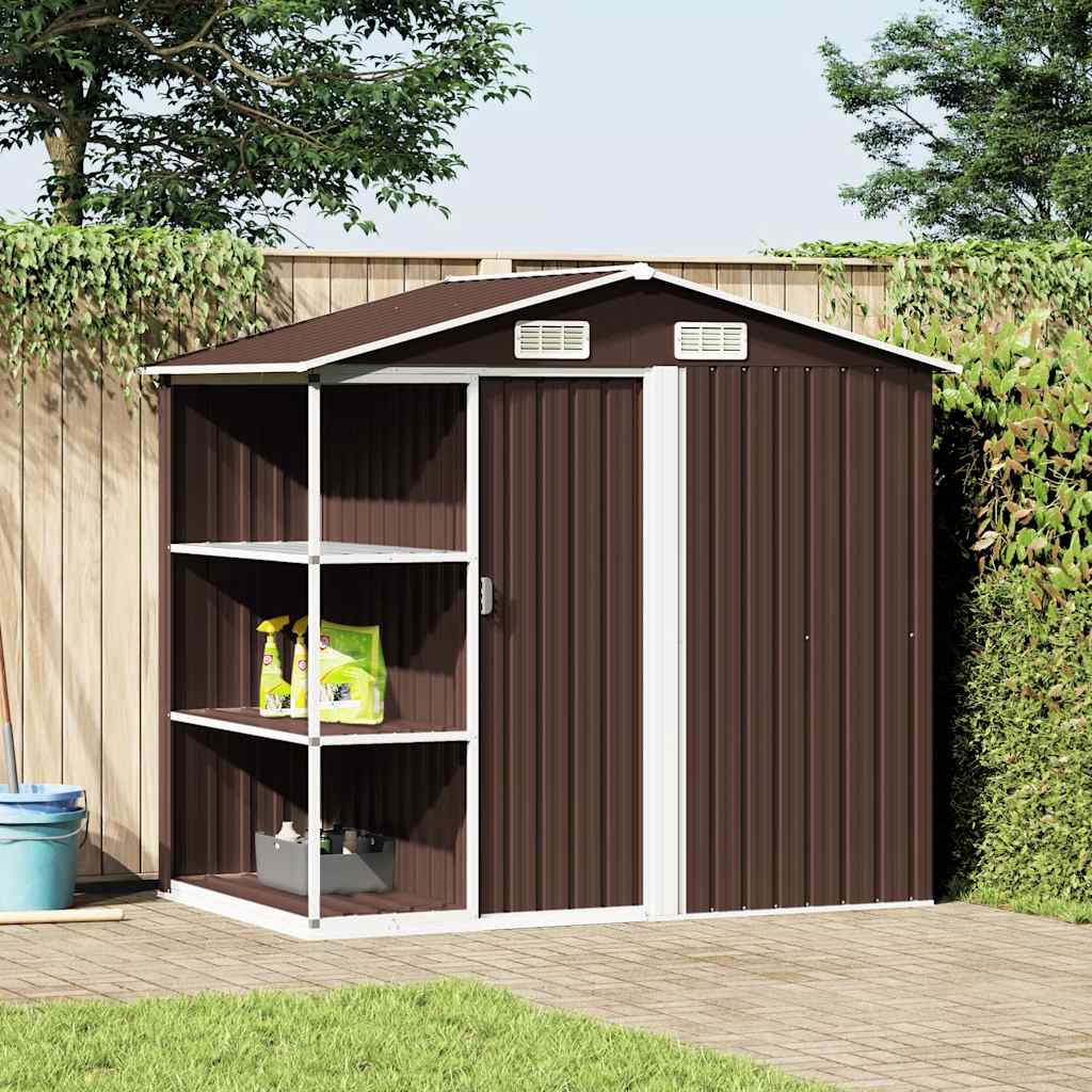 Abrigo de jardim c/ prateleiras 205x130x183 cm ferro castanho