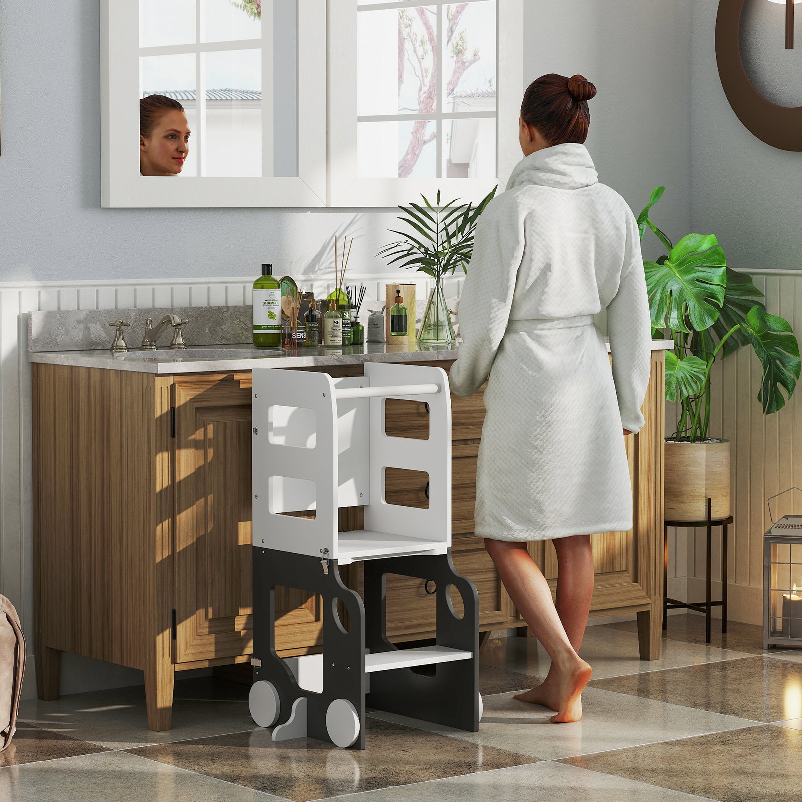 Torre de aprendizagem 4 em 1 para crianças em forma de carro convertível em mesa e cadeira 58x46x92 cm branco e cinza