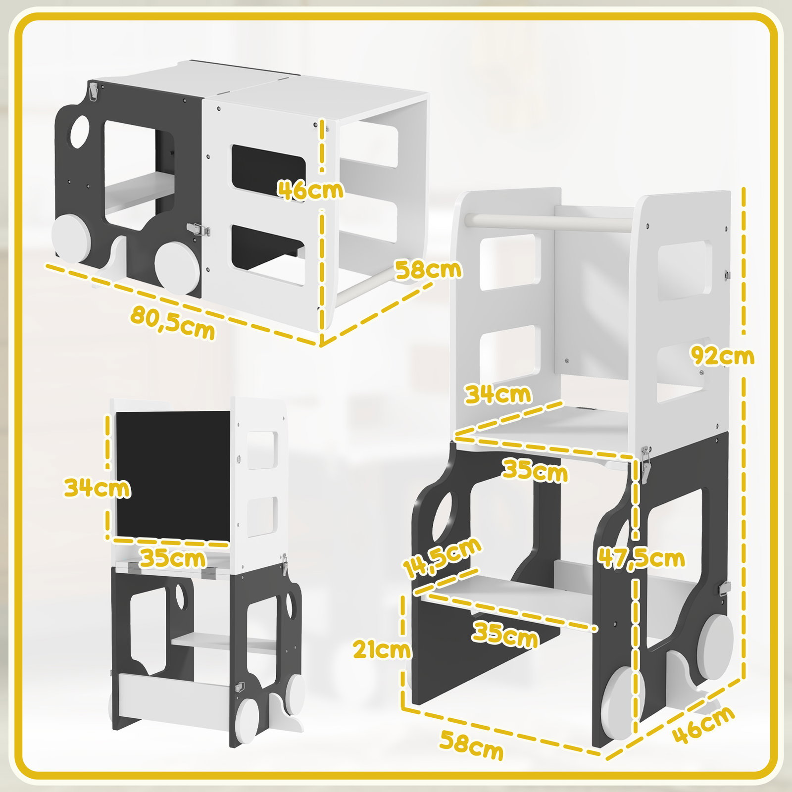 Torre de aprendizagem 4 em 1 para crianças em forma de carro convertível em mesa e cadeira 58x46x92 cm branco e cinza
